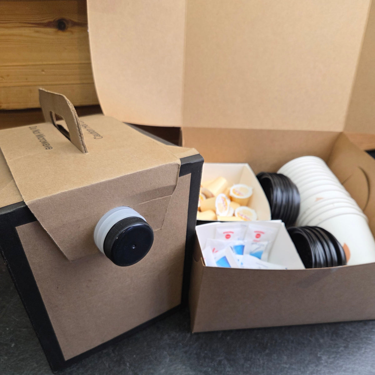 Catering coffee for 12 brewed from Rose N Crantz Roasting Co beans, served with cups, stir sticks, sugar and creamers — Radical Gardens, Timmins