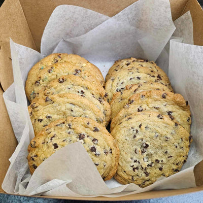 A box of a dozen scratch-made chocolate chip cookies with real butter and vanilla, baked at Radical Gardens bakery in Timmins