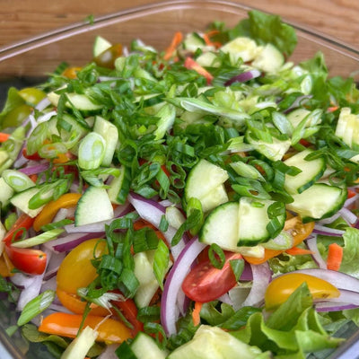 Catered garden salad party bowl with local lettuce, tomato, cucumber, red onion and shredded carrot, house-made balsamic vinaigrette on the side — Radical Gardens, Timmins